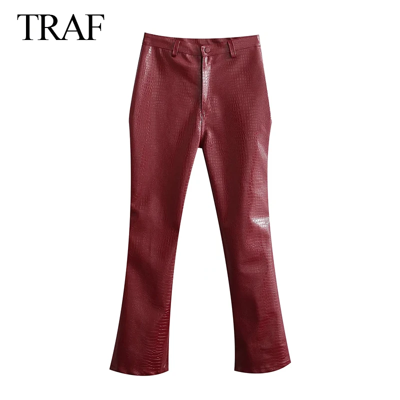 

Брюки TRAF ZA женские из искусственной кожи, Облегающие расклешенные штаны с завышенной талией, винтажные модные брюки с узором под крокодилов...
