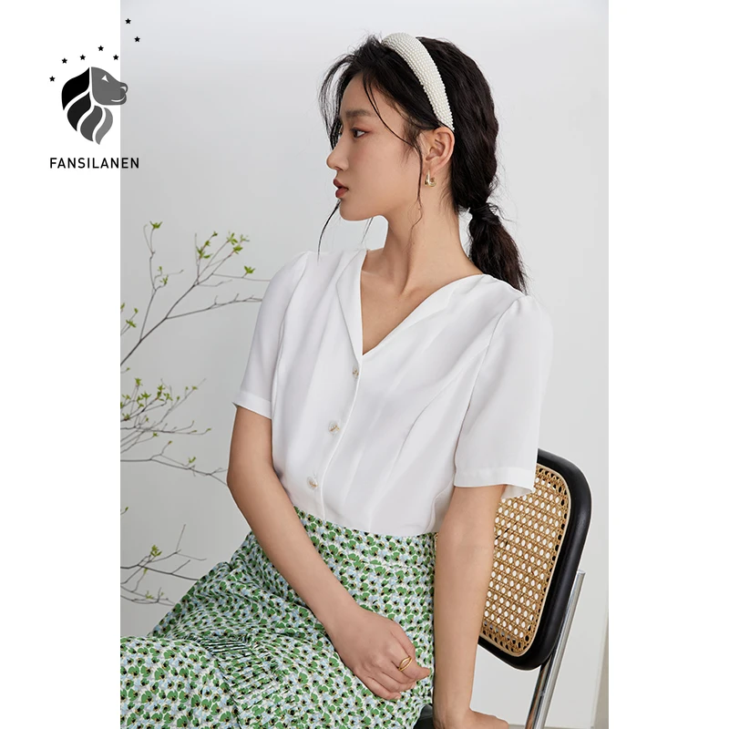 Блузка женская шифоновая с коротким рукавом и V-образным вырезом | Женская одежда