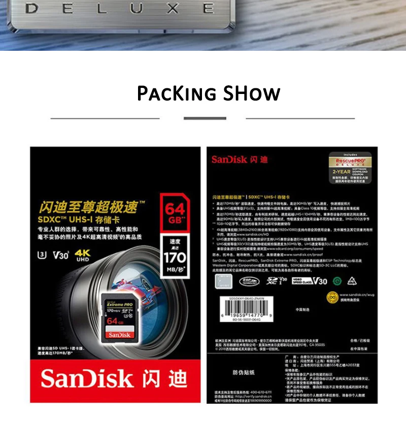 Оригинальная карта памяти SanDisk 32 ГБ, sd-карта 64 ГБ, 128 ГБ, 256 ГБ, SDXC Extreme PRO 170 МБ/с./с, флеш-накопитель для камеры