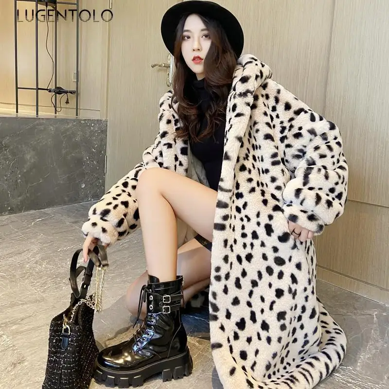 

Женское зимнее пальто из искусственного меха, повседневное Свободное пальто с капюшоном в Корейском стиле с леопардовым принтом, женская т...