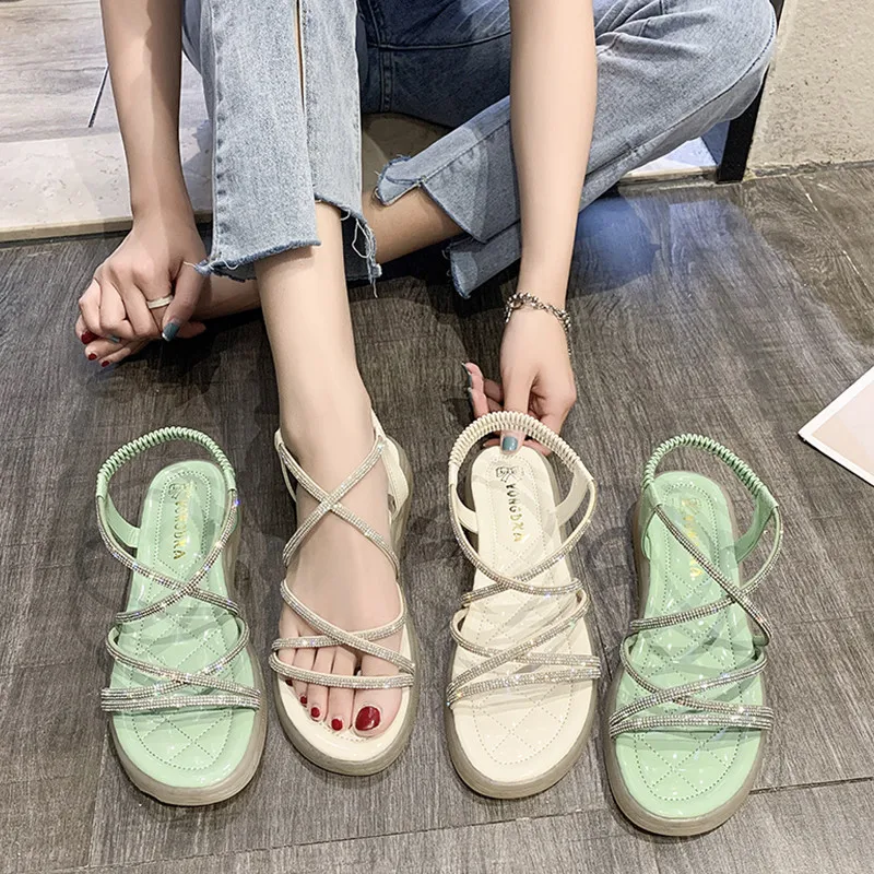 

All-Match Sandals Elastic Band Black Shoes for Women Clogs Wedge Clear Heels 2021 Summer Med Slip-on Gladiator Beige Rhinestone