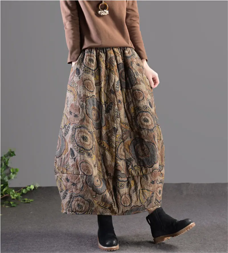 

Женская Стеганая юбка, длинная юбка из хлопка и льна, с этническим принтом, свободная, на осень и зиму, f2562