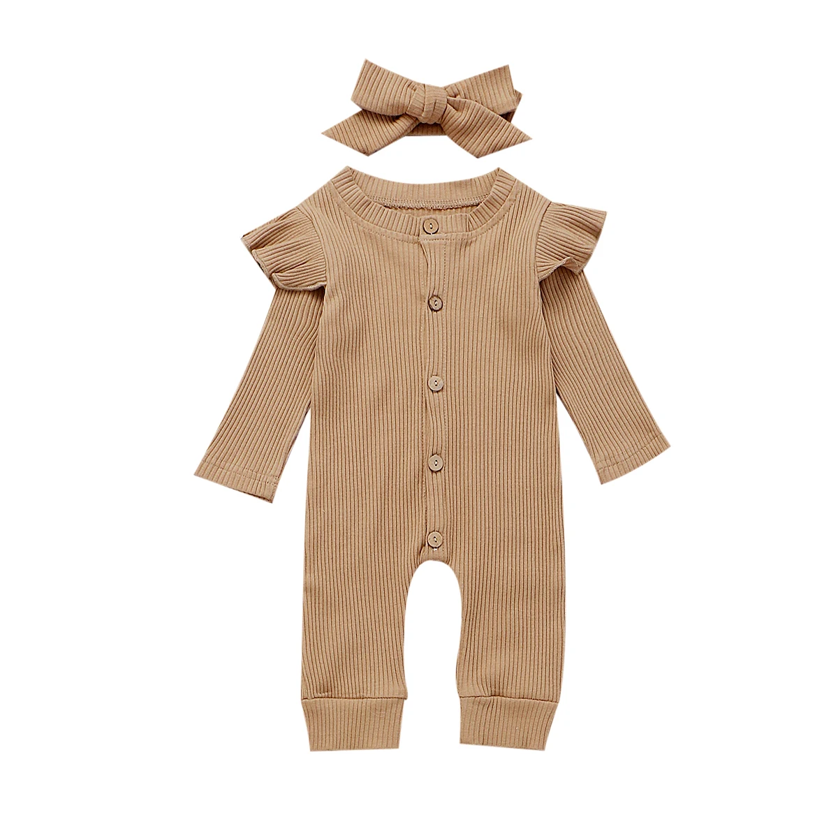 Newborn Baby Romper Girl Autumn Clothes Long Sleeve Knitted Cotton Button Ruffle Jumpsuit Headband Warm Outfits 0-24M |