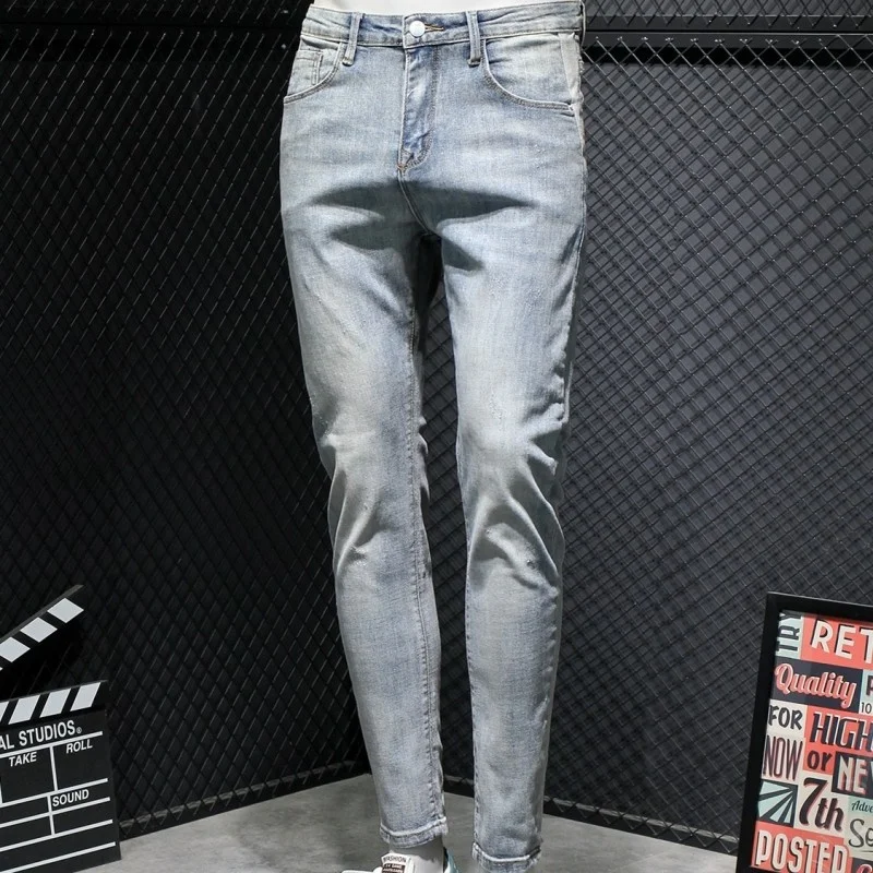 Blue Light Washed Jeans Men Spring Summer New High Street Slim Pencil Pants Preppy Style Casual Biker Denim Trousers Male 28-38