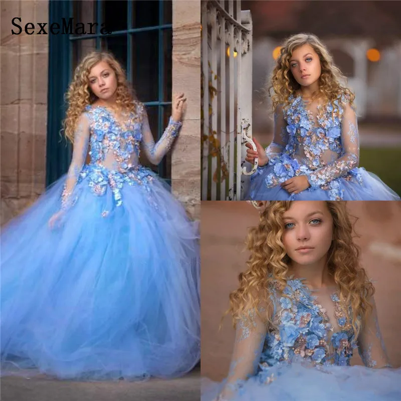 Blue Princess Flowers Girls Dresses For Wedding Long Sleeve Appliques Beads Ball Gown Kids Pageant Gowns First Communion Dress | Детская