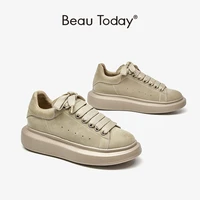 beautoday women platform sneakers cow suede leather lace up casual round toe lady flats shoes with thick sole handmade 29116
