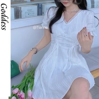2021 korean style white elegant kawaii mini dress women summer beach light pleated dresses fashion lace up puff sleeve clothing