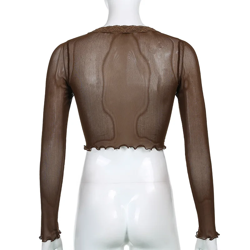 

ALLNeon 90s Streetwear Ruffles Mesh Brown Tops Vintage Square Collar Long Sleeve T-shirts Cropped Sexy Outfits Single-breasted