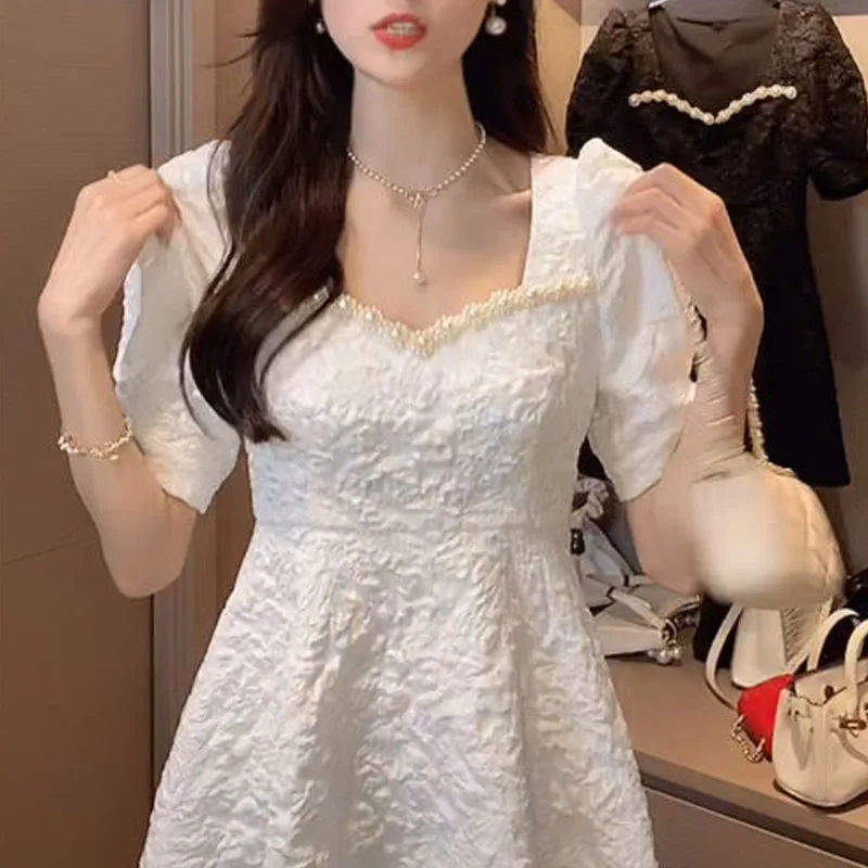 

Koran Style Black Vintage Dresses Women Short Sleeve Casual Mini Dresses Ladies Elegant Floral Design Lace-up 2021 Summer Y2K