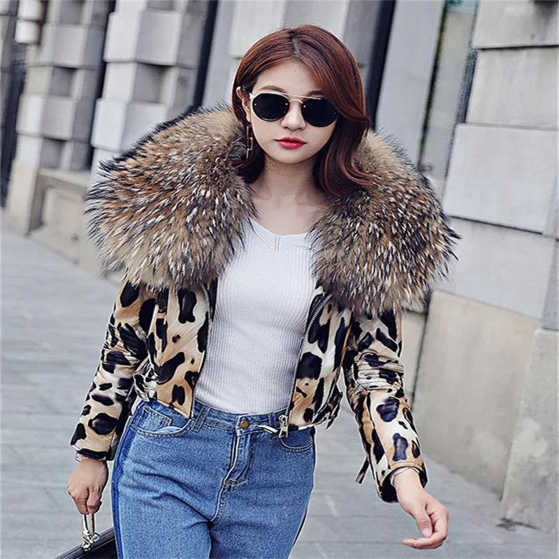 Genuine Leather Jacket Women Sexy Leopard Sheepskin Jacket Large Raccoon Fur Collar Real Fur Coat Women