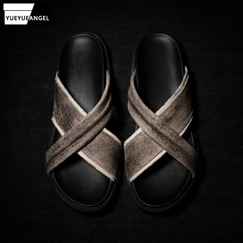 

Шлепанцы мужские из натуральной кожи, дизайнерские сандалии ручной работы, Уличная обувь на плоской подошве, винтажные дышащие летние тапо...