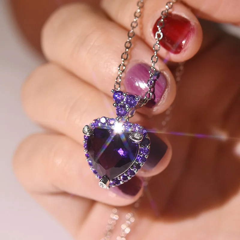 

Bohemian Purple Crystal Heart Pendant Wedding Necklace for Women Silver 925 Engagement Necklace Wedding Accessories Girl Gift