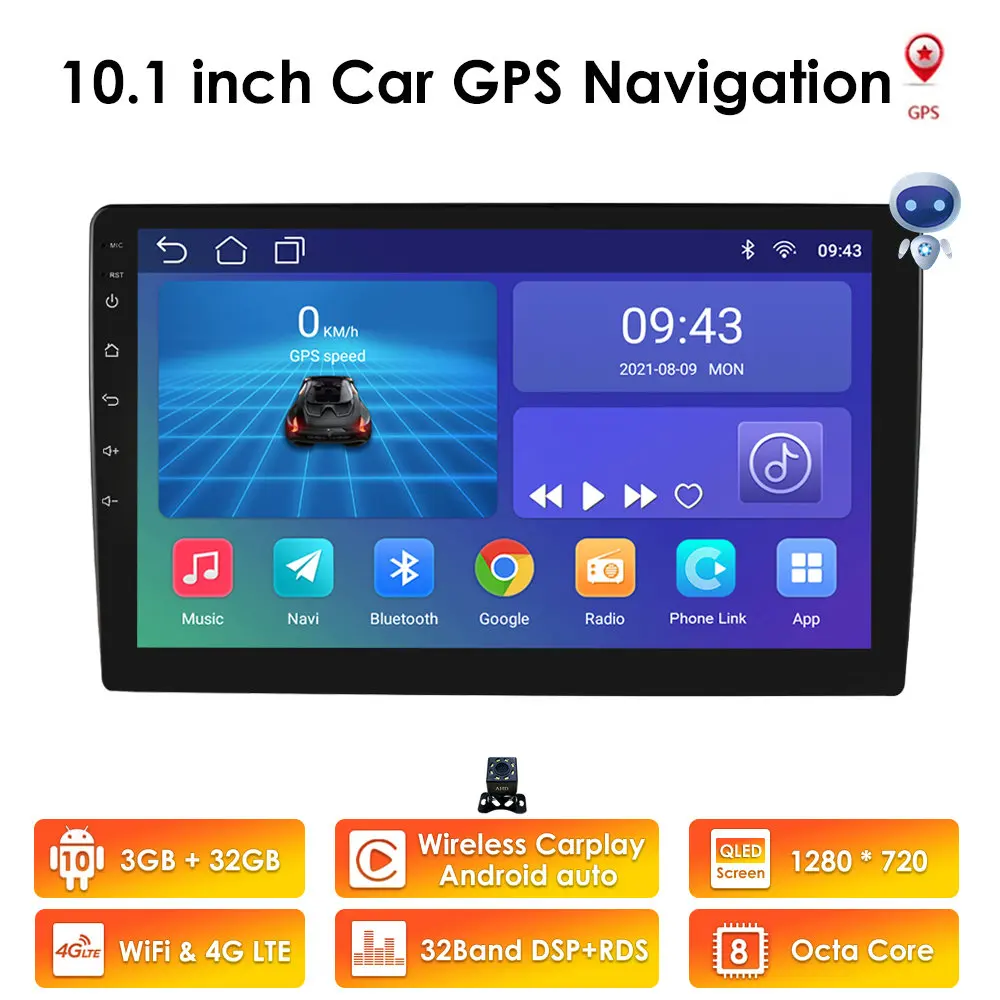 

Автомобильный мультимедийный плеер 3G + 32G, плеер на Android 10, 8 ядер, с GPS, Wi-Fi, BT, SWC, RDS, DSP, Navi, 4G, LTE, USB, 10,1 дюйма, типоразмер 2 Din