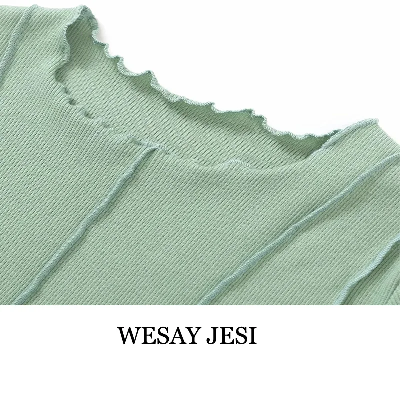 

WESAY JESI Women's T-shirt Umbilical Short-Sleeved 2021 Summer New Small Round Neck Reverse Line Irregular Stitching Wooden Ears