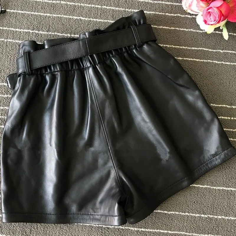 

Real Quality Women High Leather Shorts Chic High-waist Wide-leg Leather Short Trousers Ladies Casual Belted Loose Fit Shorts