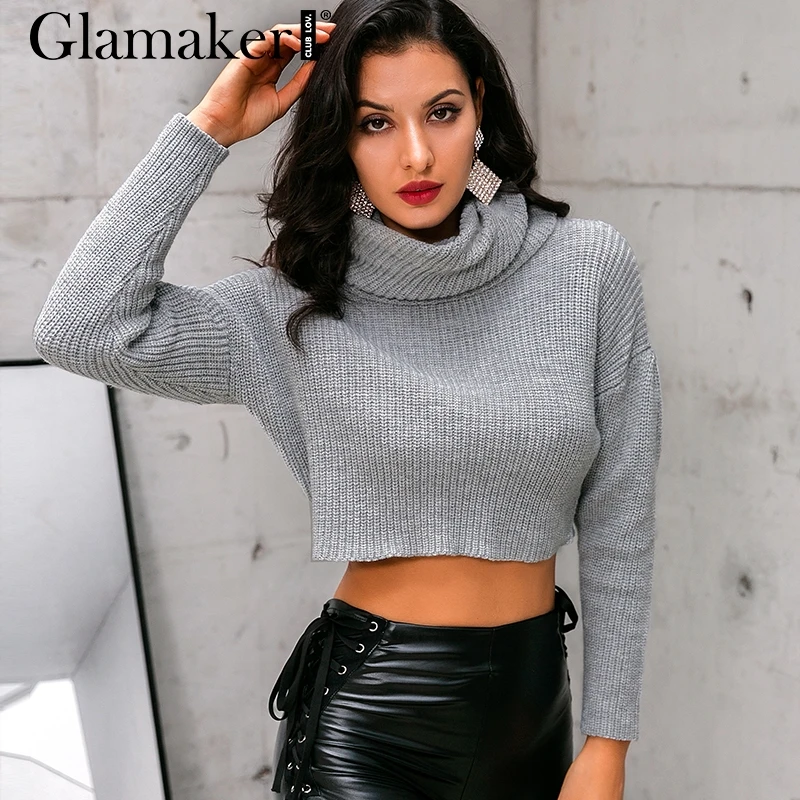 Женский короткий свитер-водолазка Glamaker серый вязаный укороченный пуловер с