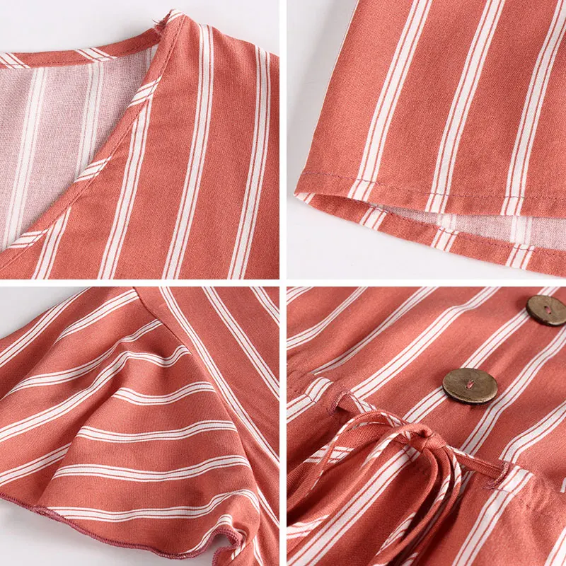 

2021 New Summer Elegant Women's Butterfly Sleeve Striped Dress Ladies Casual V-neck Button High Waist Knee-length Short Dress