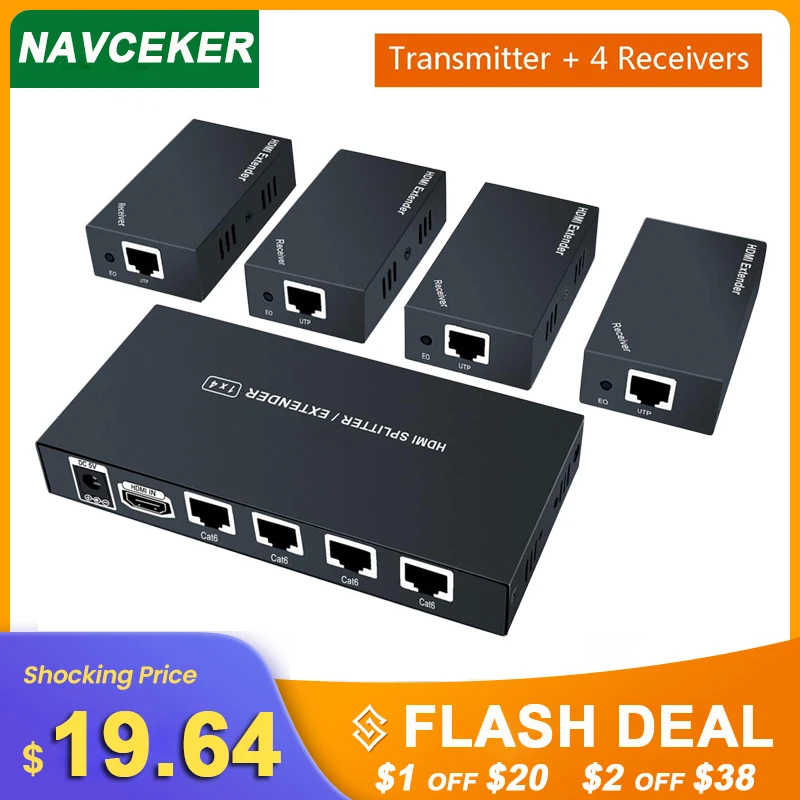 

Super Quality 200ft 1x4 HDMI Splitter Extender 60m Over UTP RJ45 Cat5e Cat6 Cable Support HD 1080P 1 Transmitter To 4 Receivers