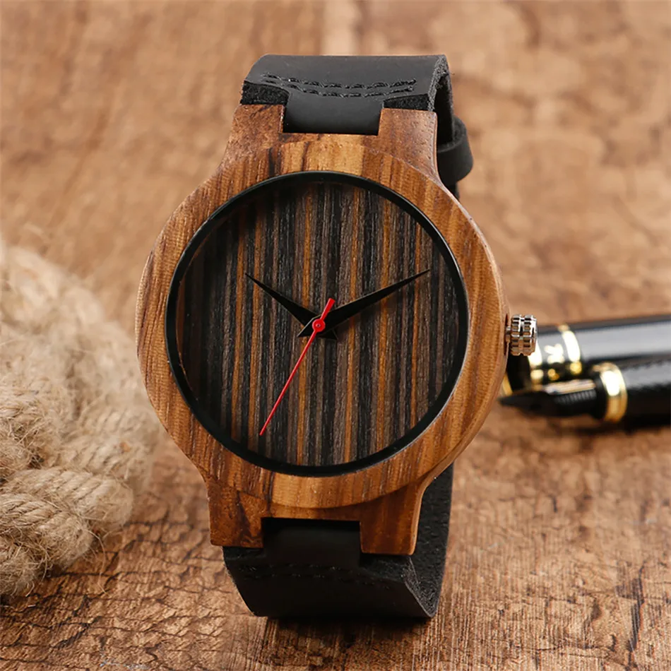 

Zebrawood Men's Watch Natural Wooden Black Genuine Leather Watch Band New Fashion Quartz Wood Wristwatch Gifts Male