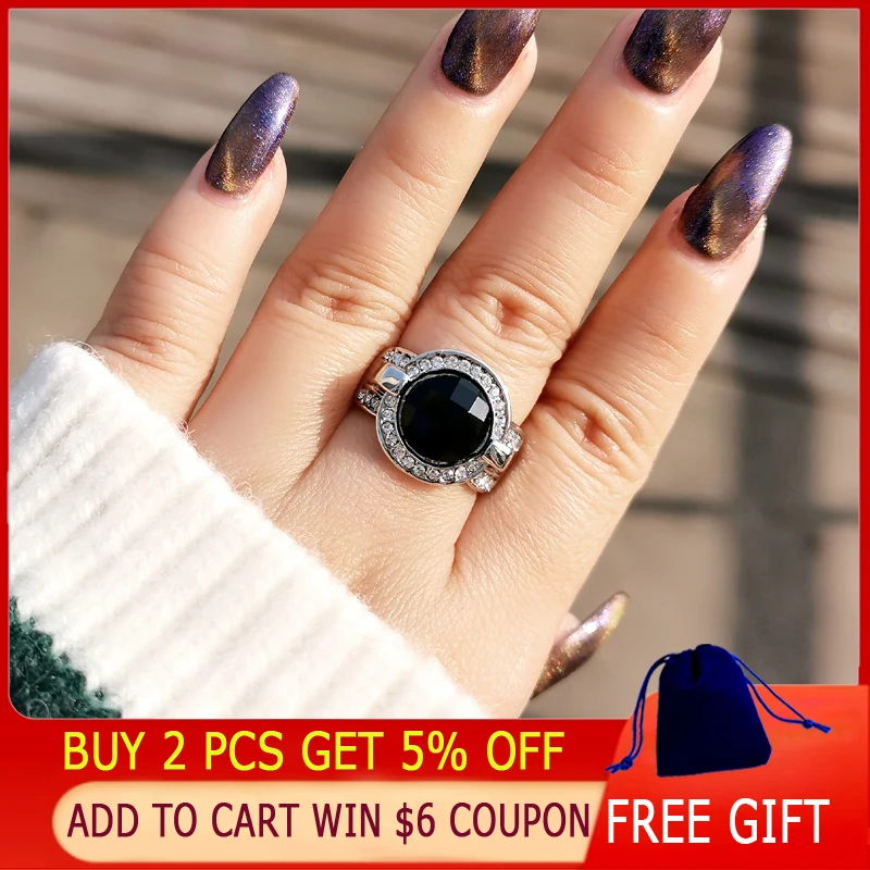 SINLEERY винтажные круглые черные акриловые кольца для женщин серебряного цвета