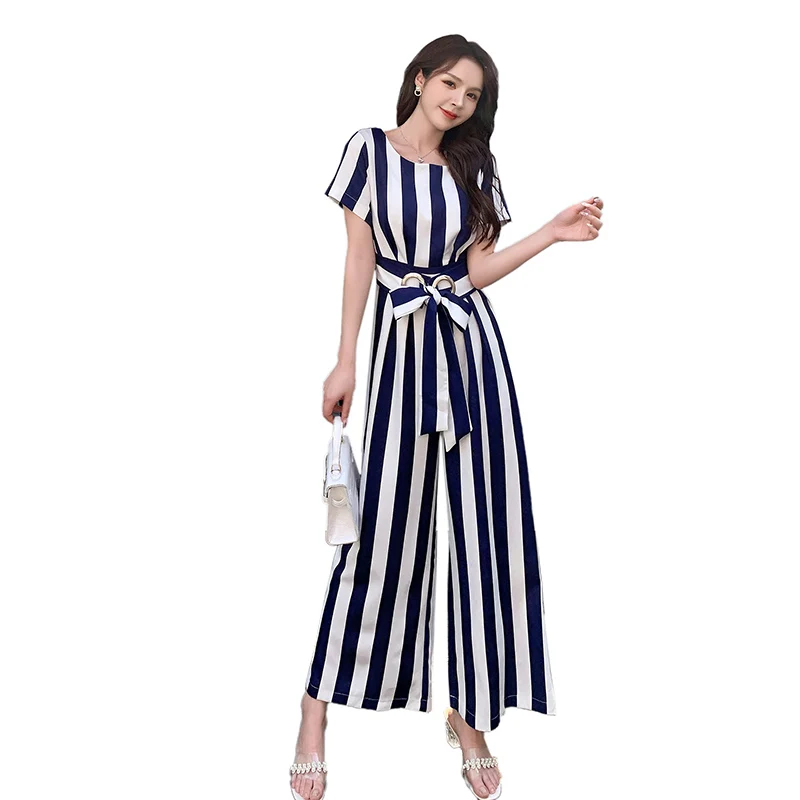 

Fashion jumpsuit short-sleeved striped thin high-waisted casual wide-leg jumpsuit 2021 summer fashion women's clothing