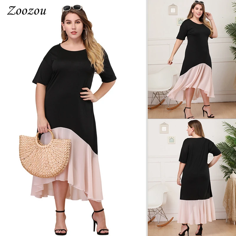 

Ruffle Patchwork Twist Asymmetrical Hem Dress Summer Short Sleeve Loose Fashion Female Dress Plus Size 4XL Casual O Neck Dress