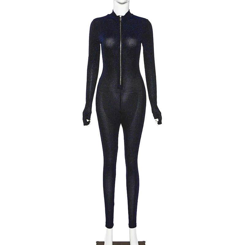 

Angjulie See Through Elegant Bodycon Jumpsuit Women 2020 Winter Solid Color Zipper Skinny Stand Neck Bar Sexy Work Bodysuit Lady