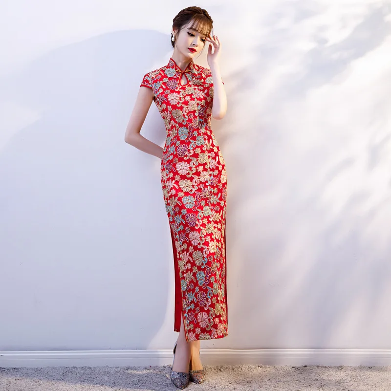 Женское длинное Сетчатое платье Ципао с воротником стойкой в китайском стиле