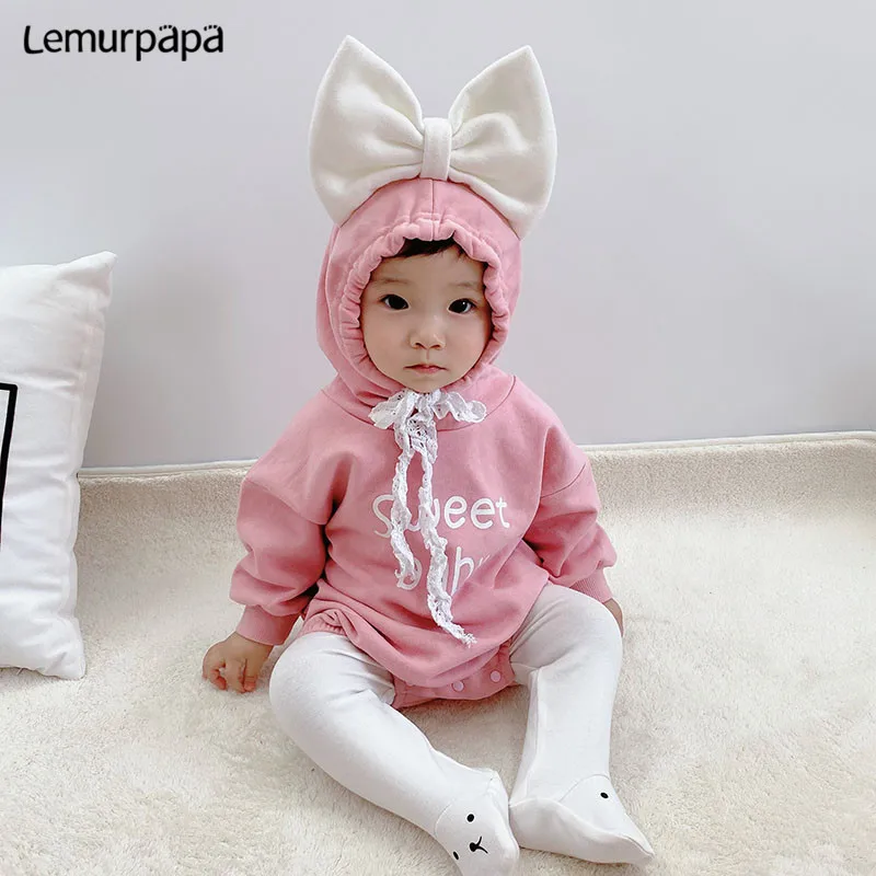 

0-2Y Autumn Baby Onesie Clothes Girls Baby Romper Jumpsuits Bowknot Fashion Baby Long Sleeves With hooded Baby Toddler ropa bebe