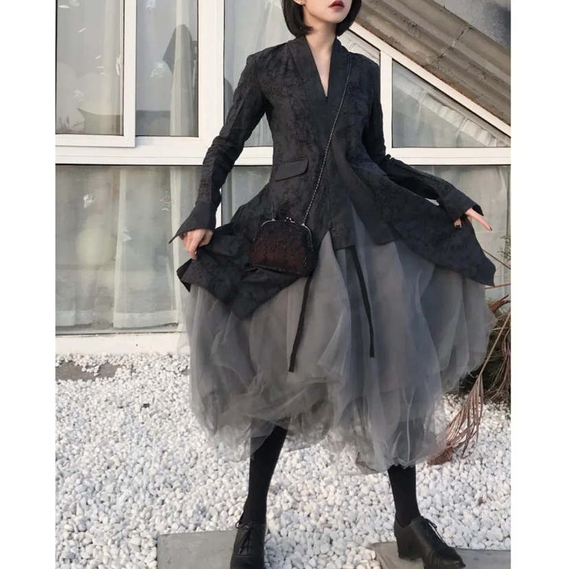 

Black grey irregular mesh skirt for women