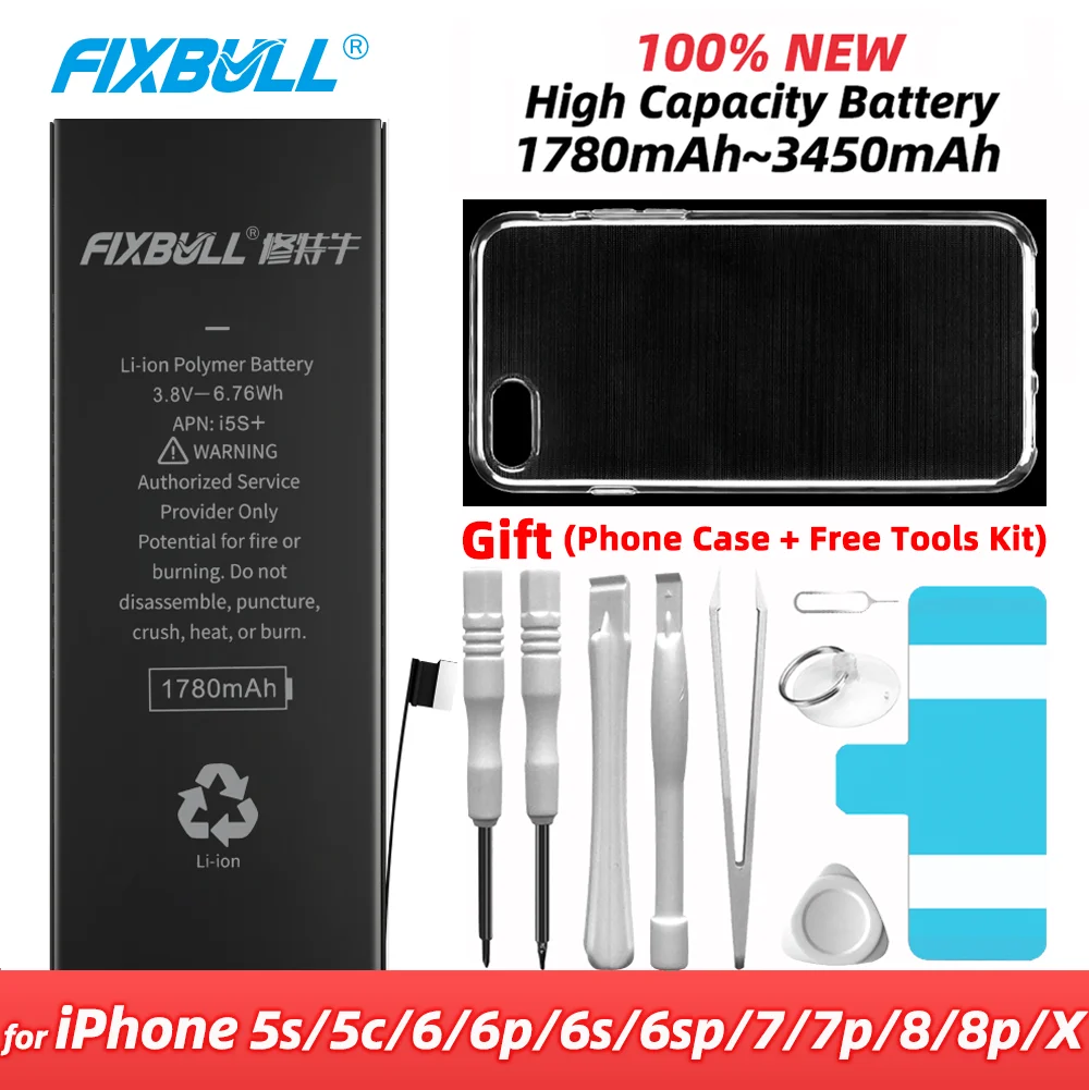 

Аккумулятор FIXBULL для iPhone 5S 5C 6 6S 7 8 Plus 5s X 6Plus 6splus 7plus 8plus, сменная батарея с реальной высокой емкостью для iPhone5S