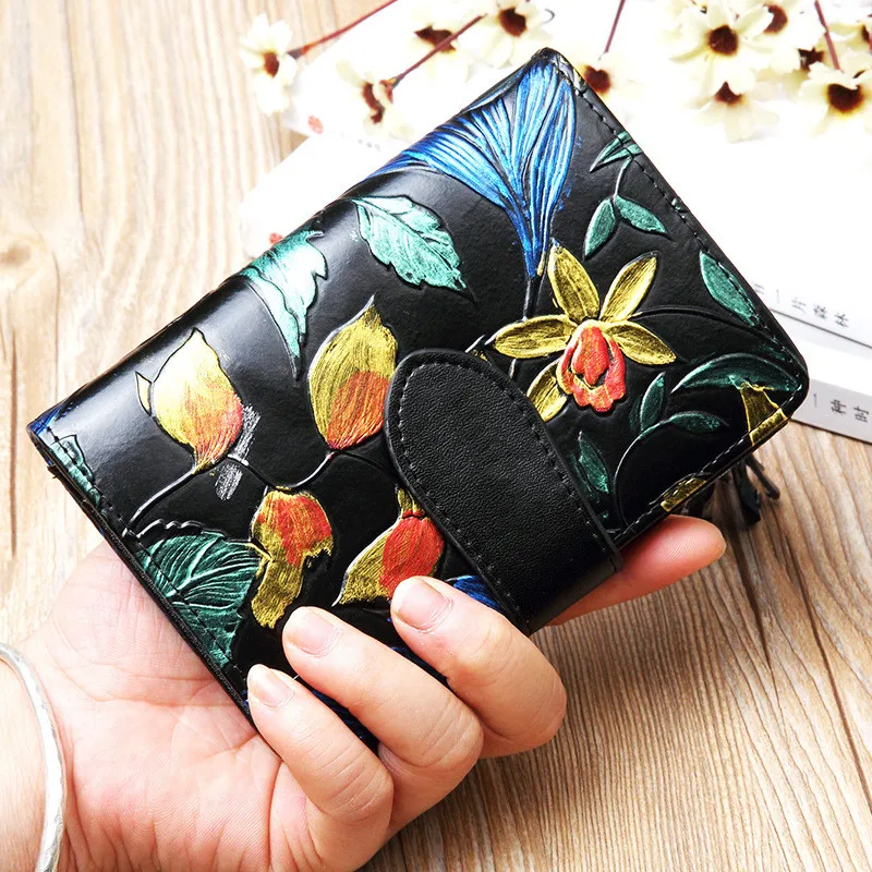Floral Card Wallet Women Mini Ladies Leather Purse Short Girl Wallets Vintage Female Coin Bag