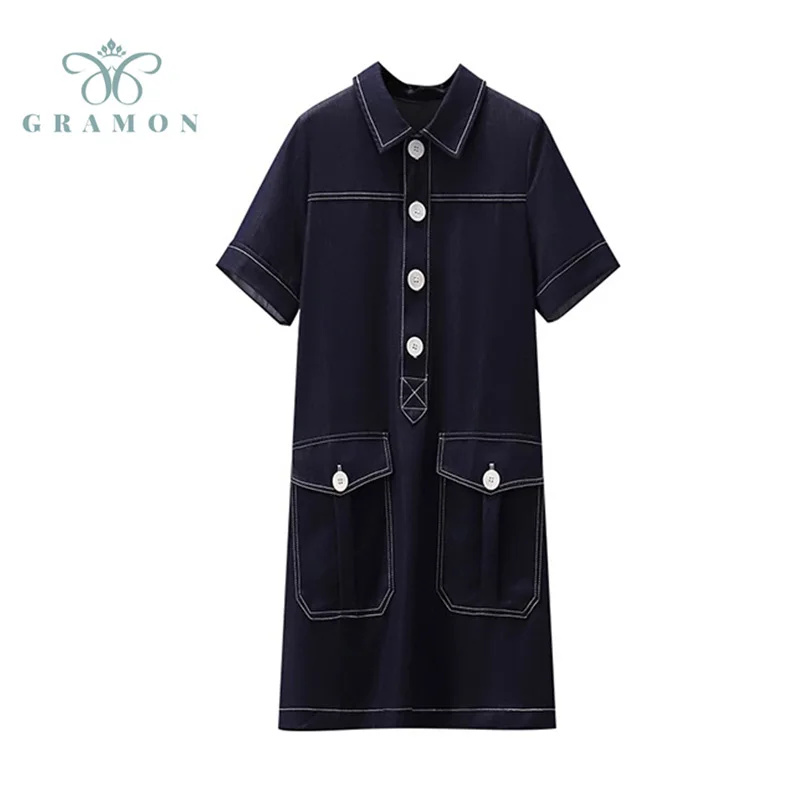 Женское джинсовое платье с отложным воротником свободное ТРАПЕЦИЕВИДНОЕ ПЛАТЬЕ