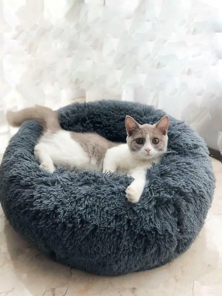 Круглая кровать для питомца теплое мягкое плюшевое удобное меховое пончик кошки