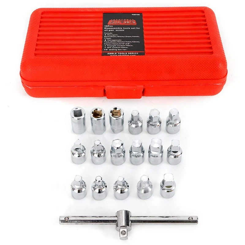

18Pc Oil Drain Pipe Plug Socket Key Gearboxes Hexagon Square Axles 3/8 Drive Removal Tool Set