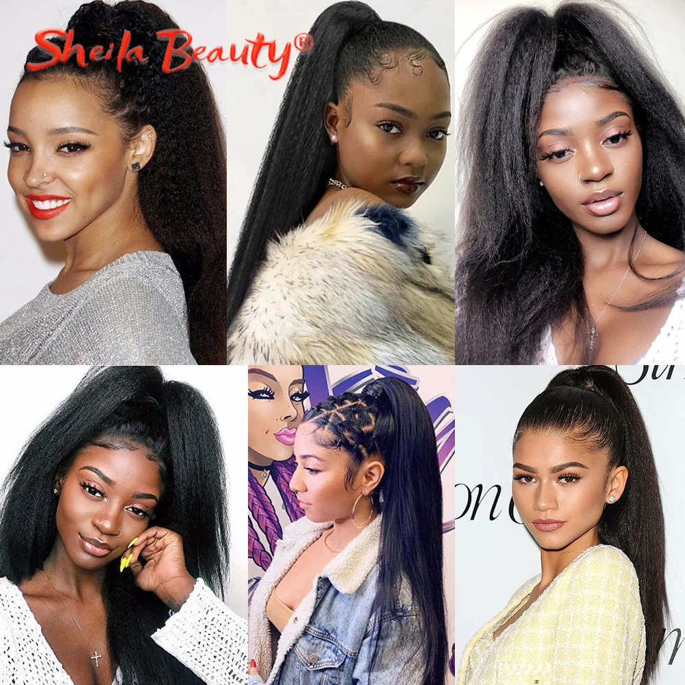 

Long Afro Puff Ponytail Hair Hair Extension Synthetic Yaki Kinky Straight Drawstring Ponytails With Clip Elastic Band