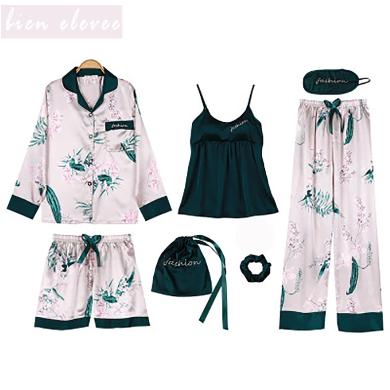 Женские пижамные комплекты 7 шт. Пижамный костюм шелковые атласные сексуальные