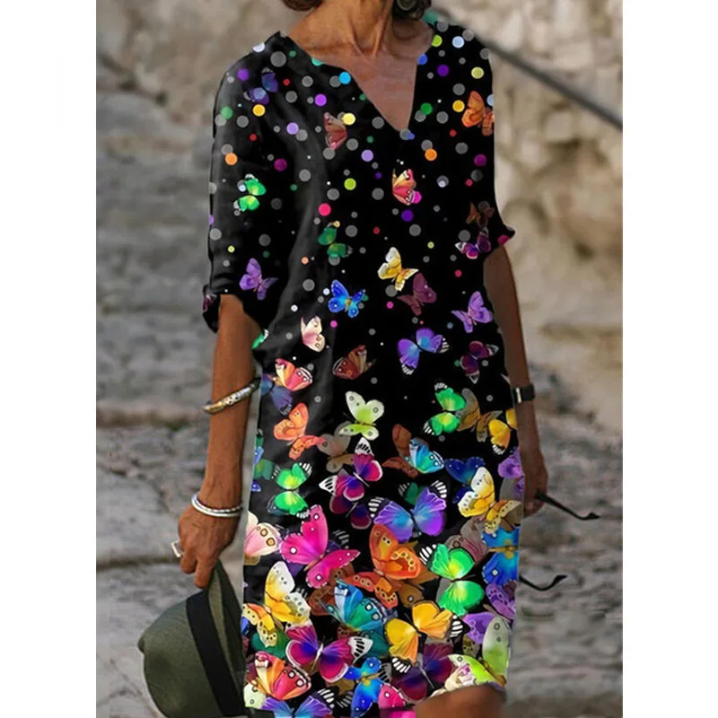 

Half Sleeved V Neck Printed Loose Dress Women's Fashion Casual Vintage Spring Autumn All-match Plus Size Beach Dresses Vestidos