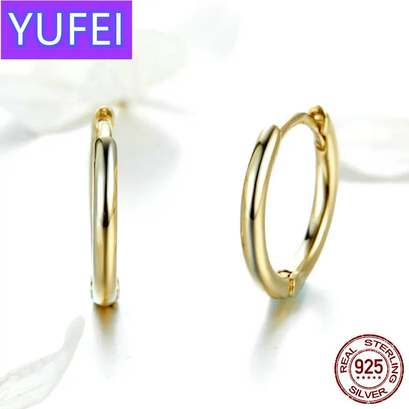 

YUFEI Genuine 925 Sterling Silver Round Circle Hoop Earrings for Women Gold Color Earrings Sterling Silver Jewelry Gift SCE498