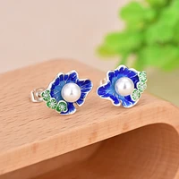 female wedding jewelry sets 8mm pearl blue enamel lotus 925 sterling silver small crystal earring round pearl ring for women