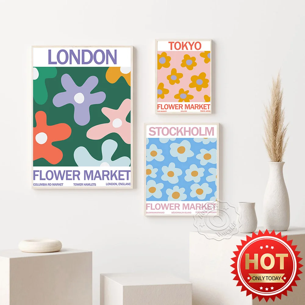 

London Stockholm Tokyo Flower Market Art Poster, Modern Flower Illustration Print Wall Picture, Kids Room Creche Decor Mural