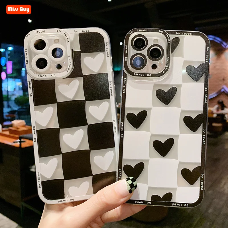 

Fashion Chessboard love Heart Phone Cases for iPhone 13 12 11 Pro max Mini X XR XS Max 7 8 Plus SE 2020 Cover Black Color Coque