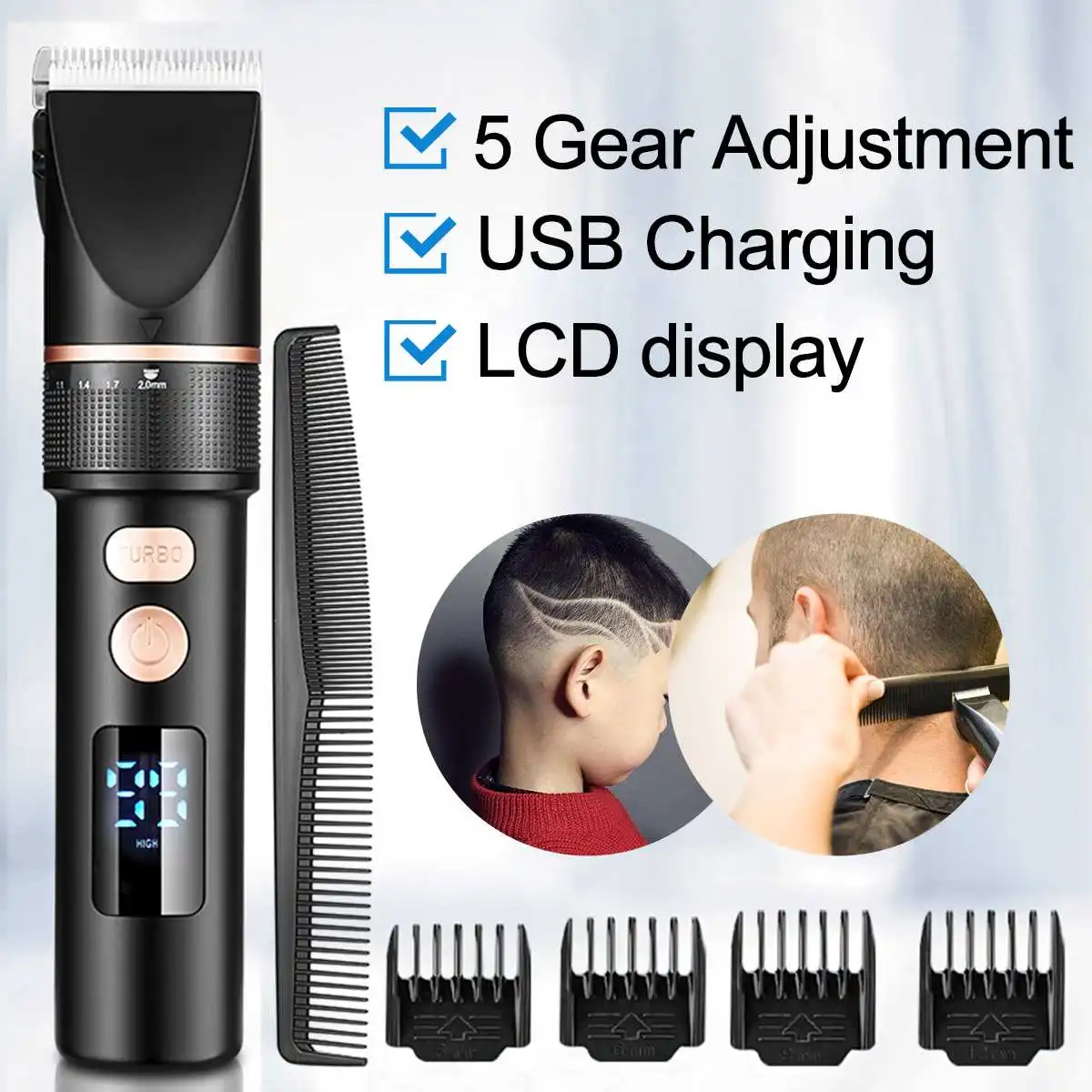 

Машинка для стрижки волос Мужская электрическая, 4 ограничителя, USB зарядка, ЖК-дисплей, 5 режимов, триммер