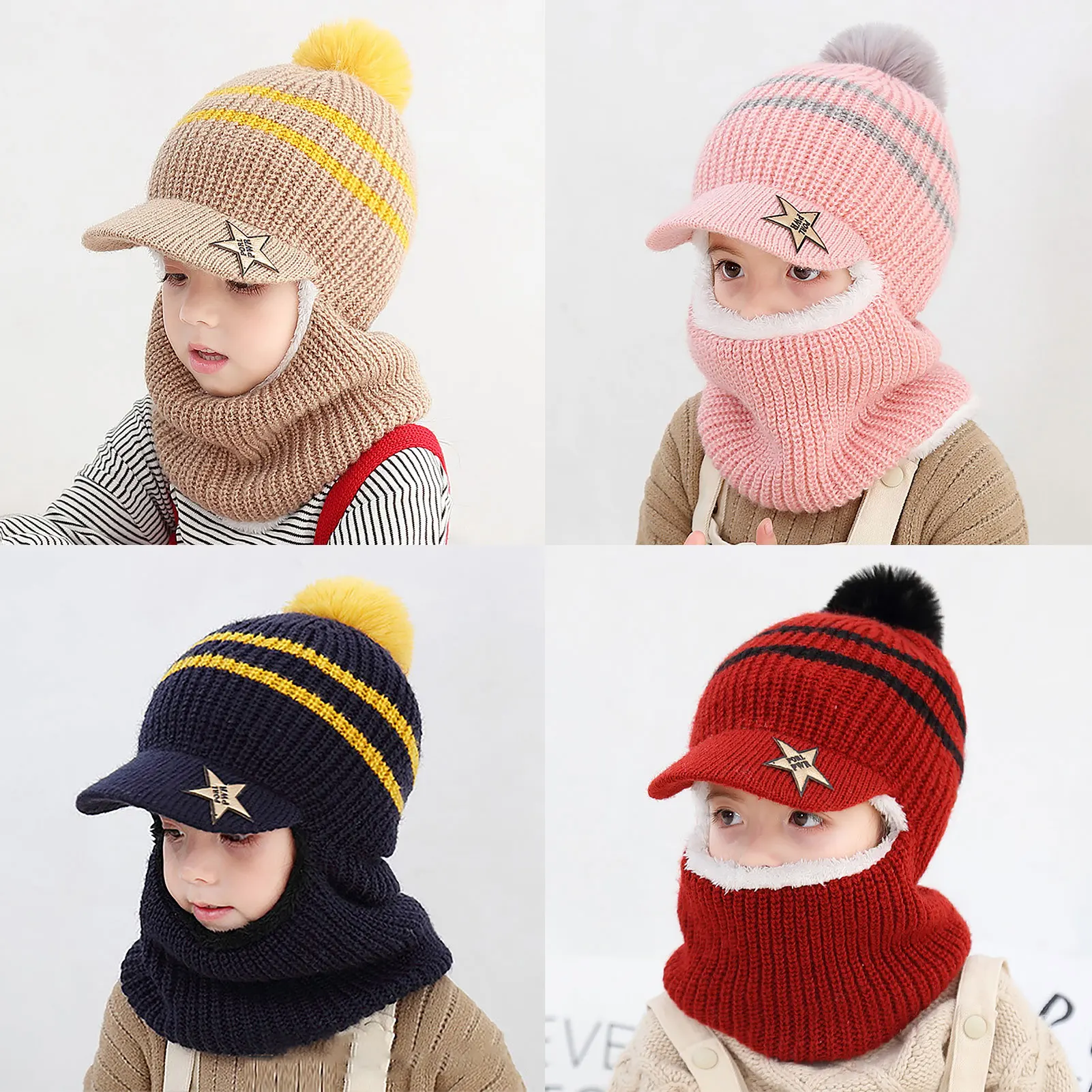 

Unisex Print Children Winter Hats Plush Windproof Warm Kids Boys Girls Pompom Hat Brim Scarf Head Cap Skullies Beanies