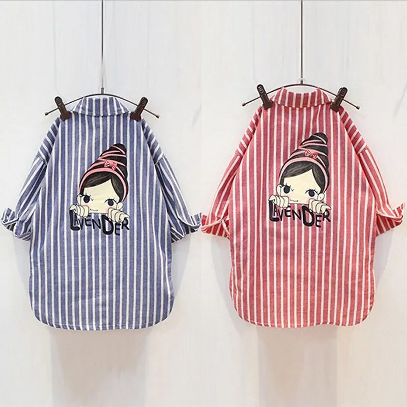 

2021 New Spring Autumn Long Sleeve Kids Girl Shirts Fashion Striped Turn Down Collar Single Breasted MId-long Children Tops