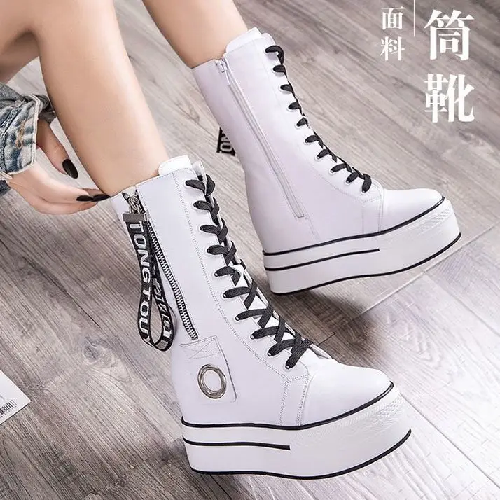

2021 European Station Height Increasing Insole Female Boots Knee-High White Martens Boots Side Zip Platform Casual White Shoes