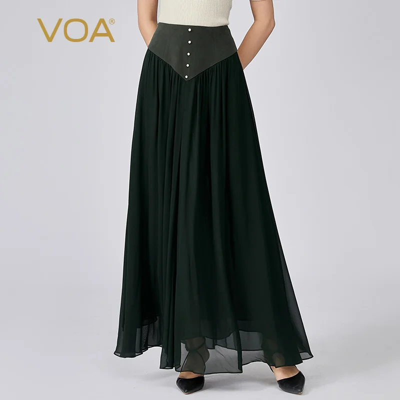 

VOA Simple Embroidered Flares Dark Green Georgette Silk Skirts Womens Office Ladies Elegant Vintage Pleated Long Skirt New CE133