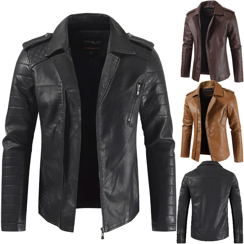 Мужская байкерская куртка из искусственной кожи коричневая облегающая