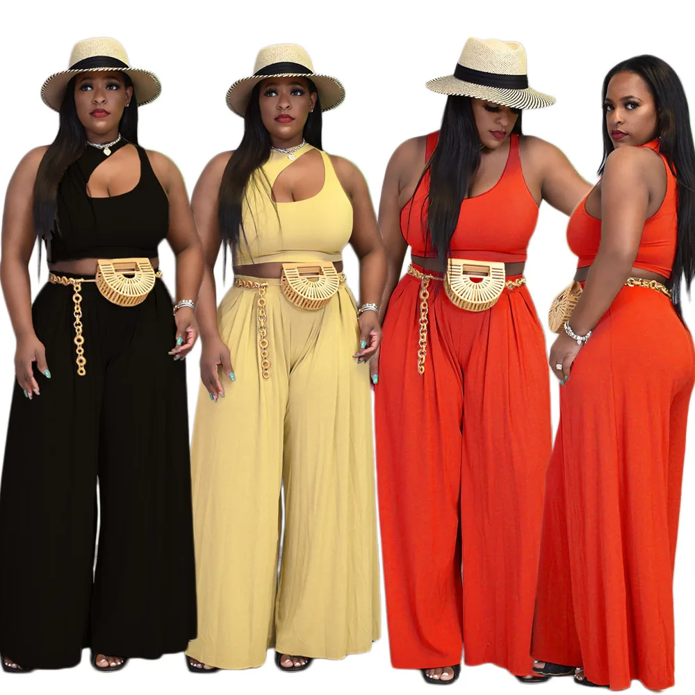 

Casual Women Two Piece Sets 2021 Summer Sleeveless O-Neck Holes Tops Office Nightclub Party Wide Leg Loose Pants Solid Outfits