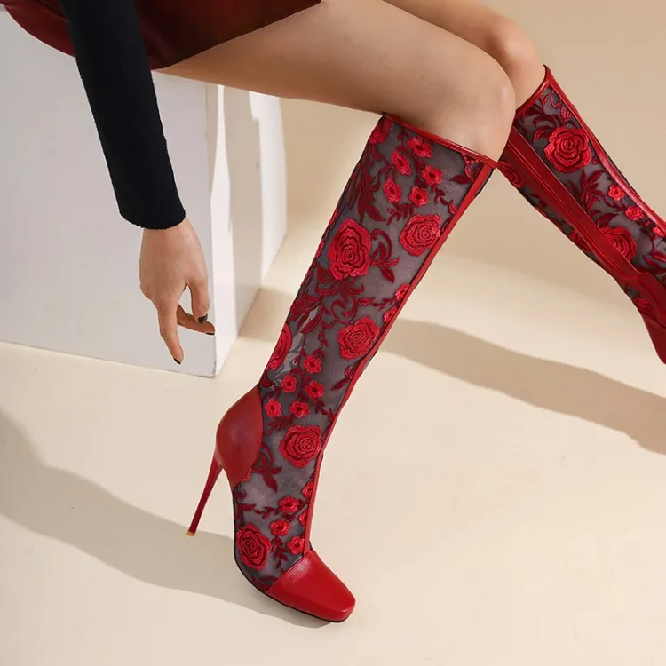 

ASHIOFU 2021 New Ladies High Heel Boots Air-mesh Sewing-flower Patchwork Leather Party Prom Evening Red Fashion Knee-Boots Shoes